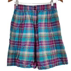 Vintage Liz Sport Shorts Women Size Medium Blue Purple Plaid 80s Preppy Academia